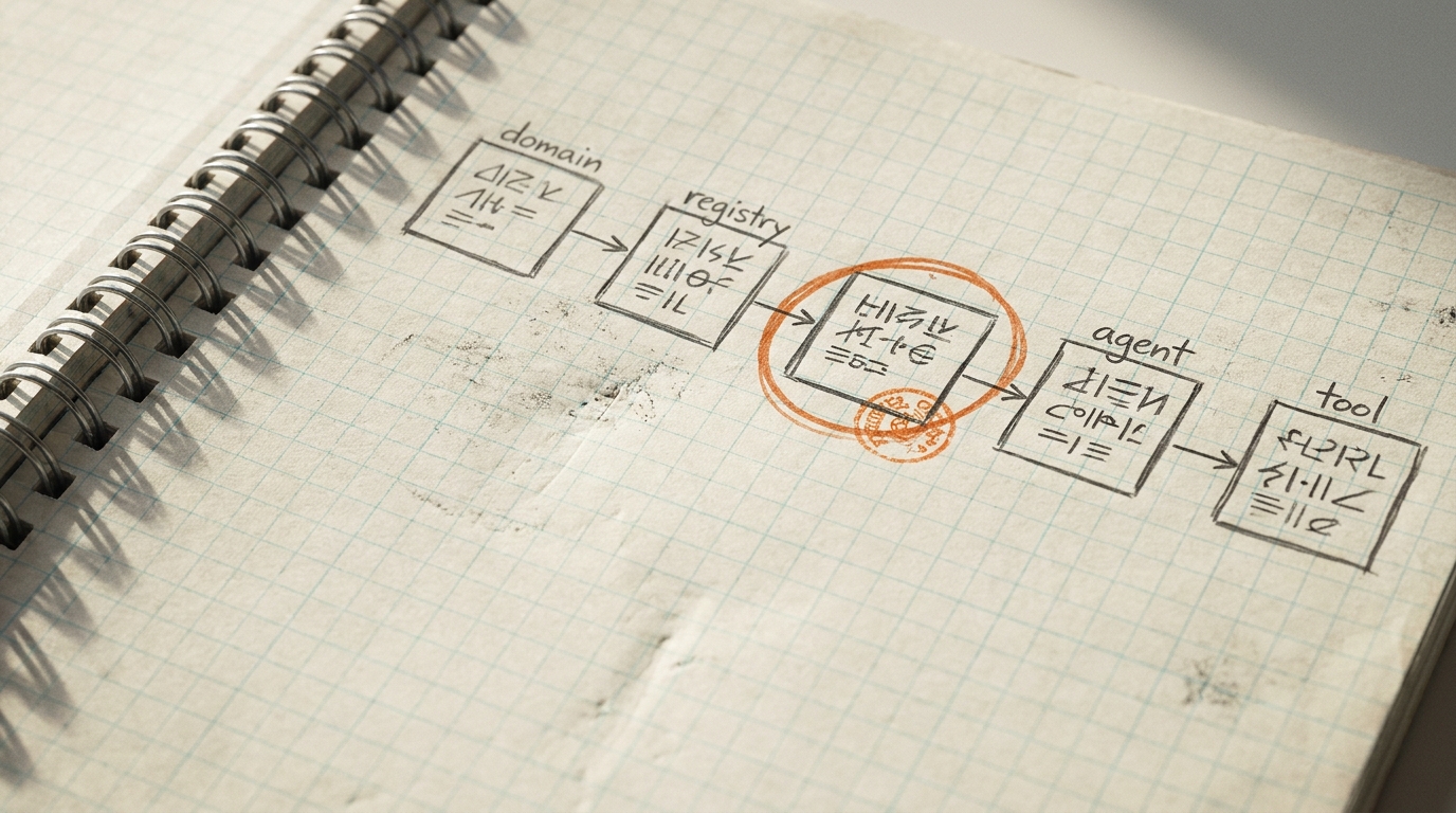 An oblique close-up of a spiral-bound graph-paper notebook page with a hand-inked four-box flow diagram in graphite, one box circled in orange, in afternoon window light.