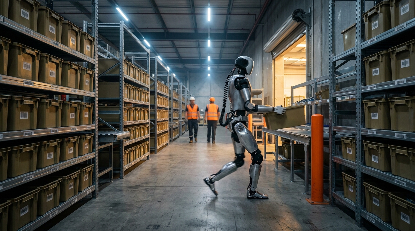 A bipedal warehouse robot mid-stride carrying a plastic tote down an aisle of storage shelving, with two hi-vis workers walking away in the distance under mixed overhead and sodium light.