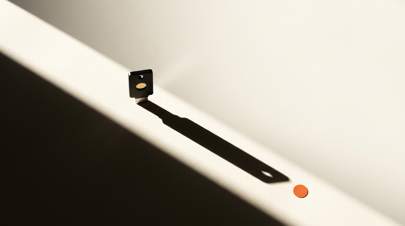 A small unmarked black hardware security key on bone-coloured paper in hard sunlight, casting one long diagonal shadow that ends at a single small orange paper dot.