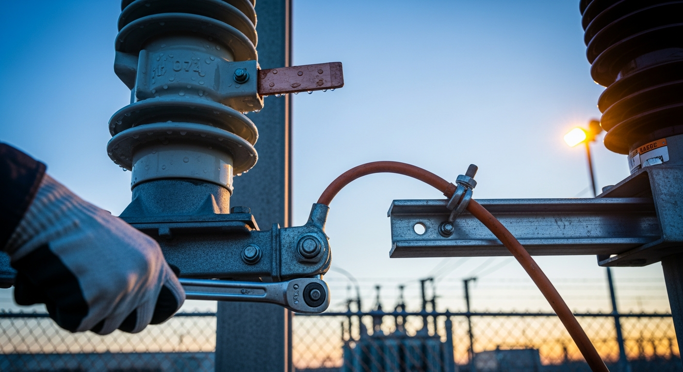 A close-up of a high-voltage disconnect switch and orange power cable at a compute-site fenceline at dawn, with a gloved hand entering the frame in motion blur.