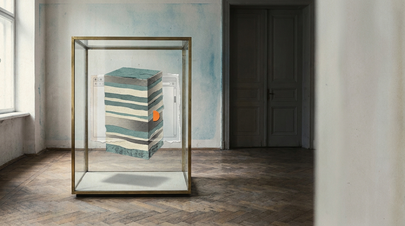 A glass-and-brass museum vitrine in a quiet gallery holds a layered paper slab printed with stacked bands of teal and bone and one small orange dot, lit by raking morning daylight from a window out of frame.