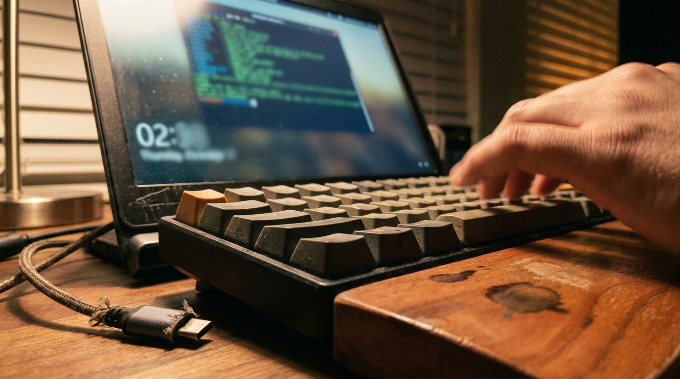 A close-up of a home-office keyboard and blurred laptop screen at night, one anonymous hand blurred mid-keystroke under a warm desk lamp and cool screen-glow.