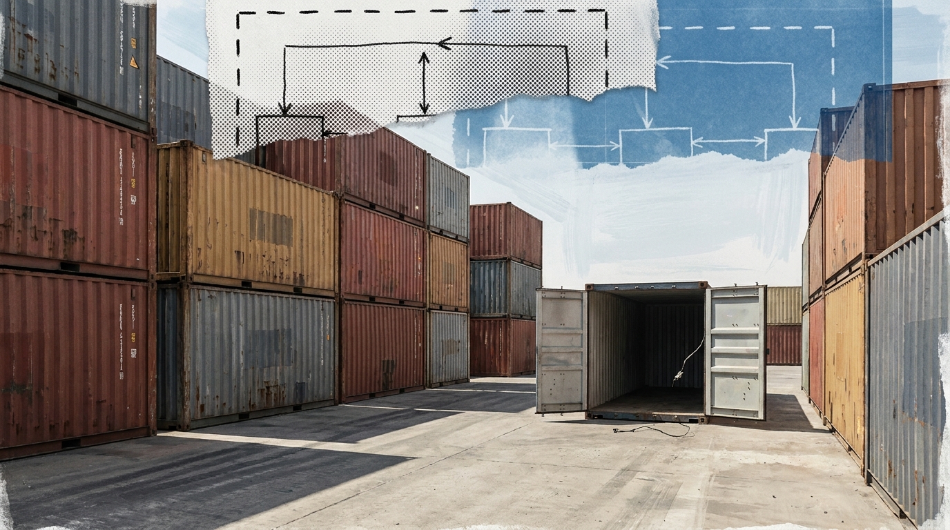 A wide view of stacked shipping containers in a sunlit yard, with one middle-distance container standing open and empty, its seal broken.