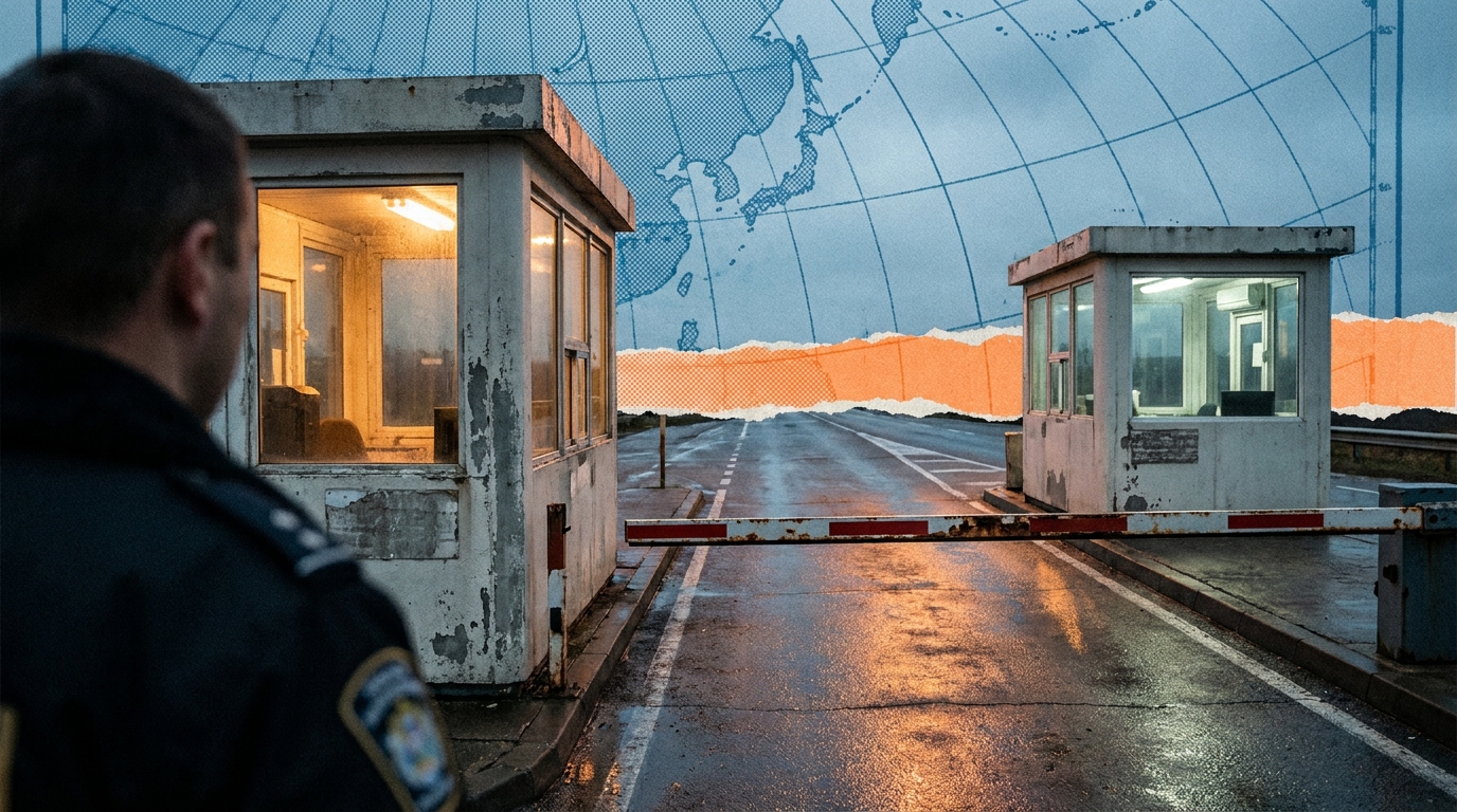 A wet asphalt border-inspection lane at dusk with two lit booths compressed by a long lens into mirrored twins, a striped lift-arm barrier across the road and a ghosted blue timezone-map overlay above.