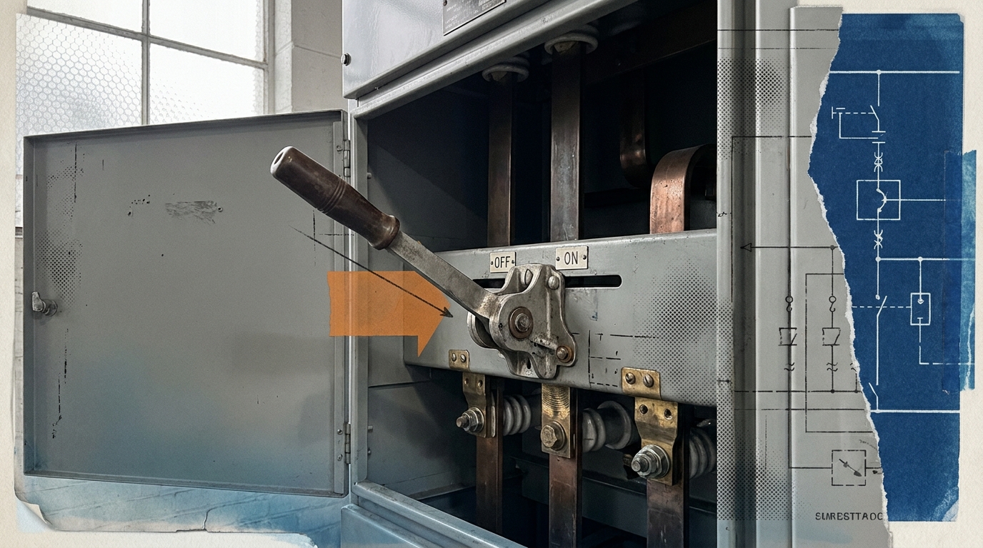 An open industrial switchgear cabinet with a large disconnect lever thrown to a mid-position between off and on, copper busbars and ceramic insulators inside, torn blueprint fragments collaged along one edge, under diffuse overcast light.