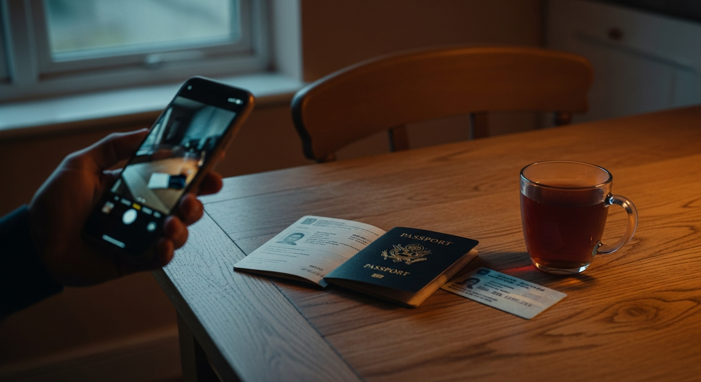 A hand holds a phone at a kitchen table at dusk beside an open passport and a driving licence, warm lamp light meeting cool window light.
