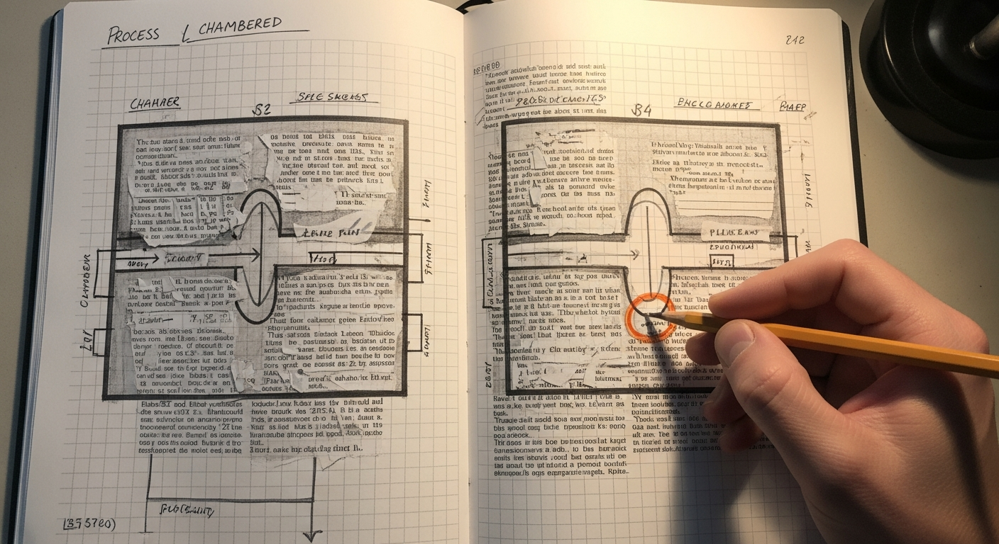 An open engineering notebook on a worktable with hand-drawn process diagrams partially covered by pasted-on paper fragments, a hand entering from the edge holding a pencil.