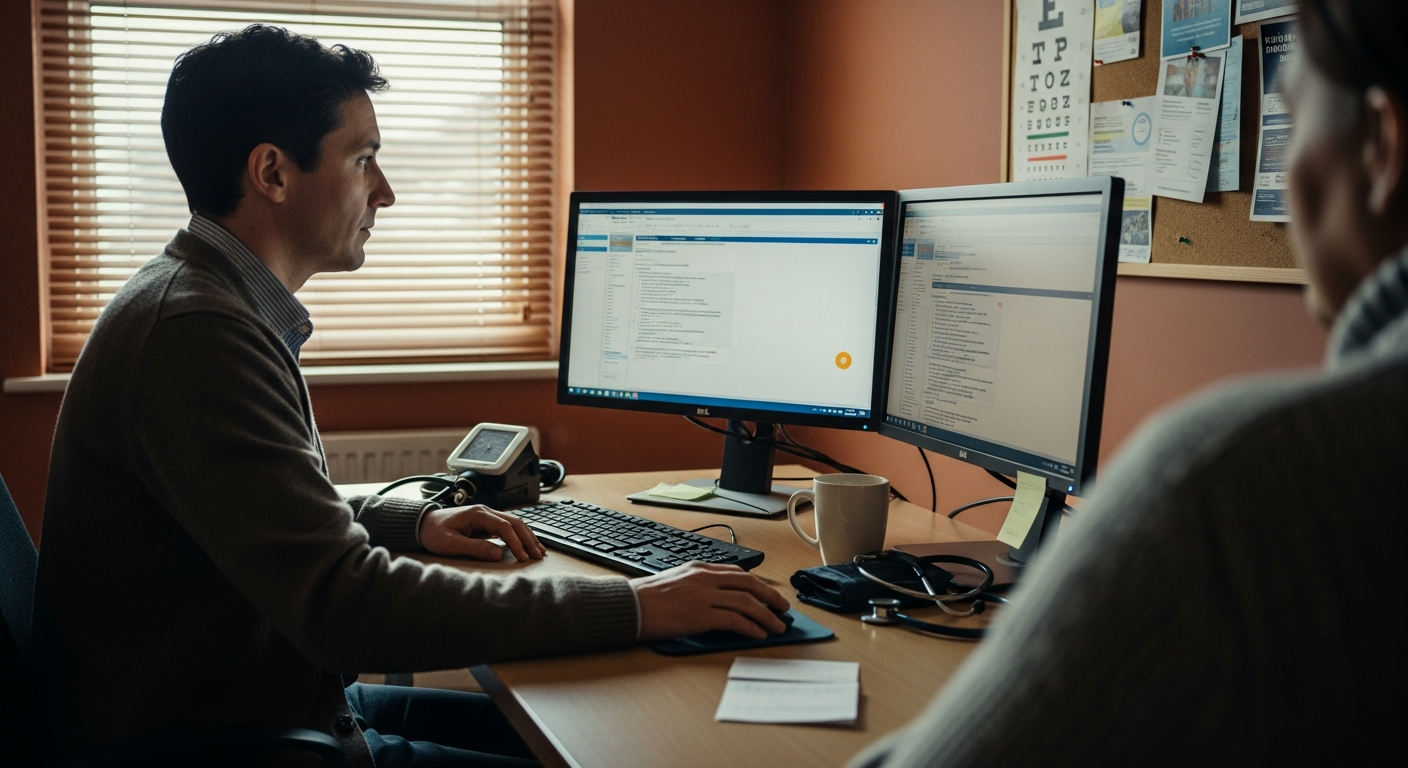 A GP in a small consulting room turns away from a waiting patient to read a long block of text on a second monitor, morning window light on the desk.