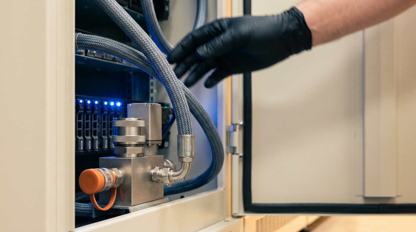 A close detail of a programmable coolant valve on the rear of a liquid-cooled GPU rack, with braided slate-grey tubing, one orange dust cap, and an anonymous gloved hand entering from the upper right in motion blur.