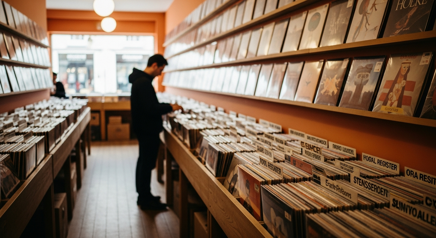 A telephoto view down a record shop's new-releases rack in afternoon window light, one anonymous customer flipping through sleeves near the far end.