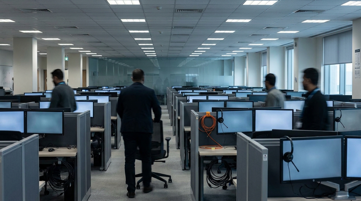 An oblique view down a vast open-plan IT services floor at morning, rows of identical workstations receding into distance under cool fluorescent ceiling lights, a few anonymous figures walking between aisles.