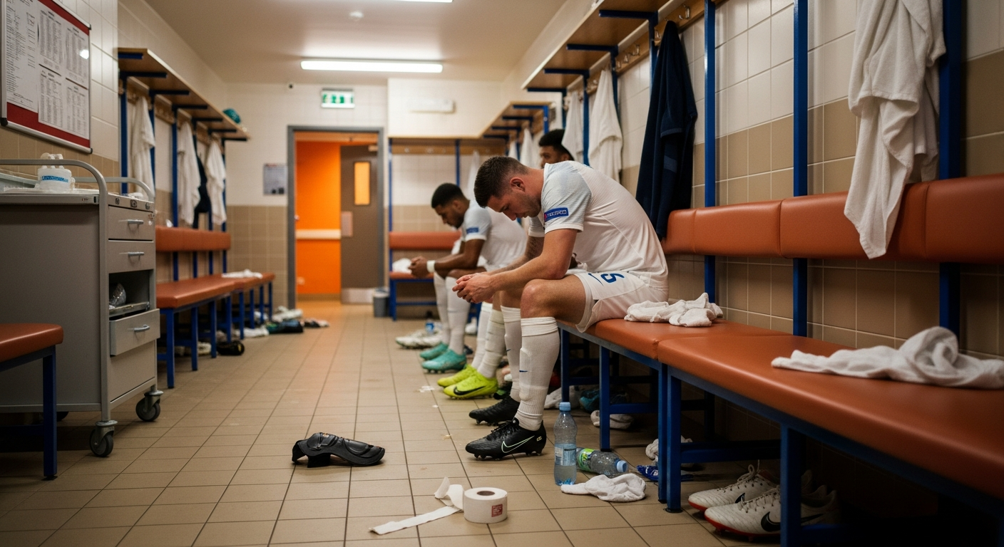 A football team's dressing room late at night: worn benches, a discarded shinpad and sock on the tiled floor, two anonymous players seated with heads down under mixed fluorescent and tungsten light.