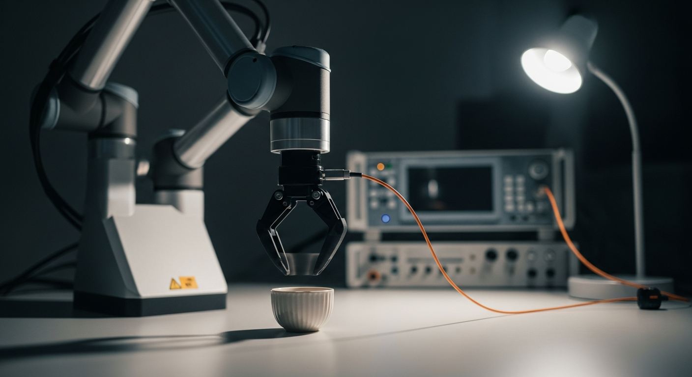 A close macro of one arm of a bi-arm lab robot gripping a small ceramic cup on a bone-white bench at night, with an orange data cable running from its wrist into an out-of-focus controller rack behind.