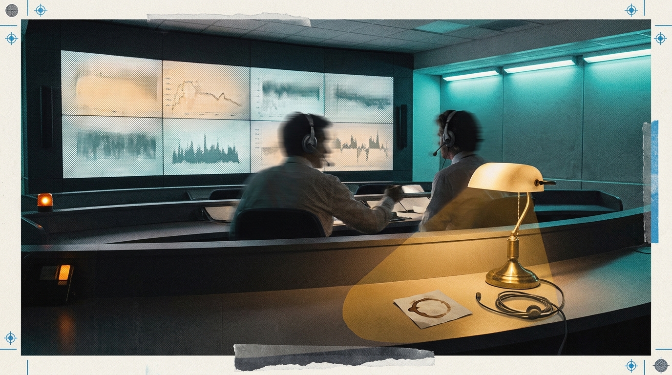 A dim mission-operations control room at night with two anonymous seated operators seen from behind at a long curved console, a wall of glowing telemetry monitors behind them, and a single warm lamp pooling light on the console foreground.