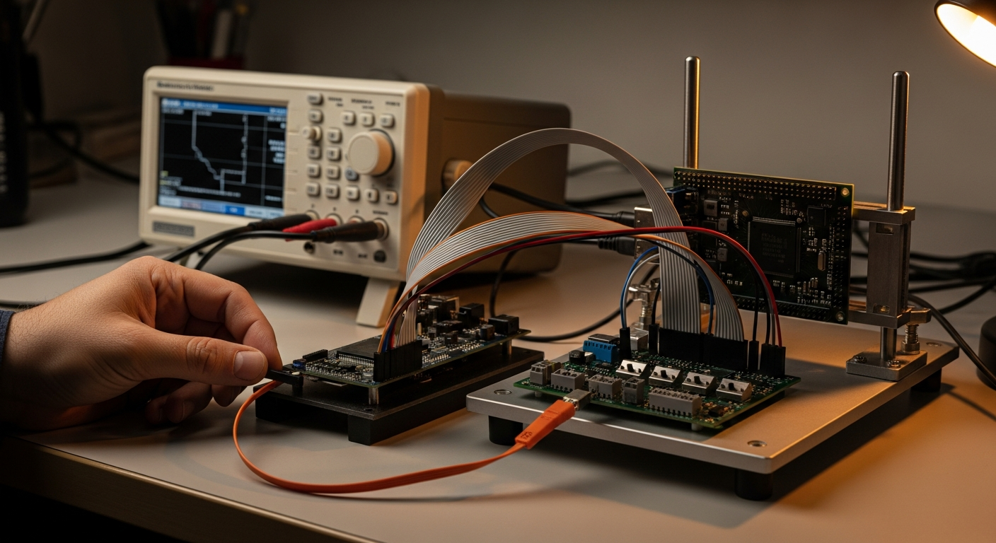 An angled workshop bench at dusk holds a small hardware test rig of clamped boards, a logic-analyser pod and jumper cables; one thin cable wears an orange sleeve, and an anonymous hand enters from the lower left.