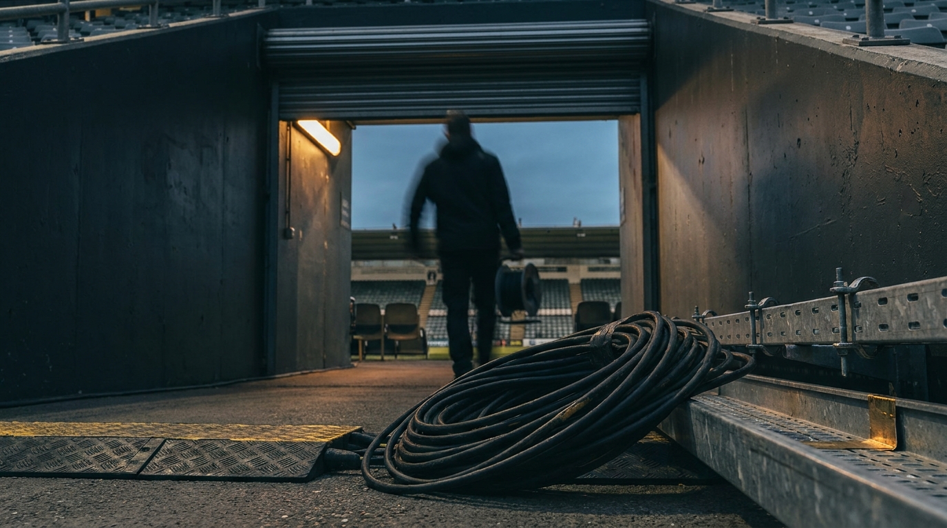 A coil of broadcast cable and a taped cable ramp run into a dim stadium tunnel mouth at dusk, an anonymous technician in motion-blur carries a cable drum across the threshold.