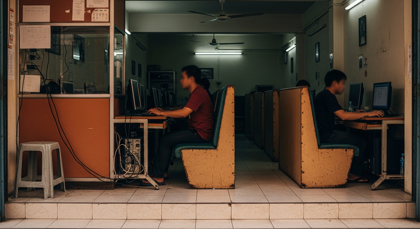 A small storefront internet cafe on a sunlit side-street at midday, two anonymous customers at booths inside with their backs to the camera.