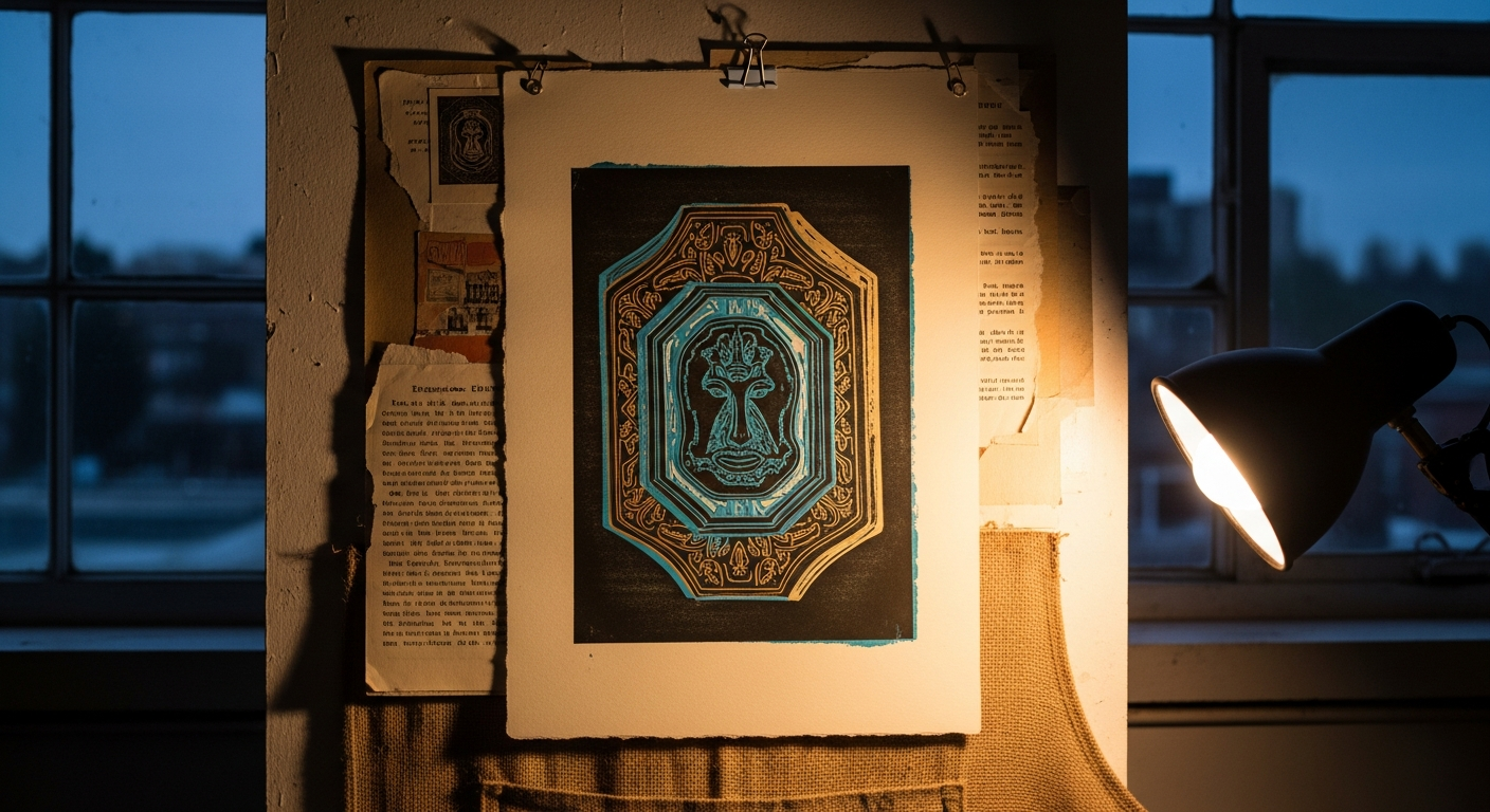 A hand-printed broadside on a workshop wall at dusk showing a heavy mis-registered stamped seal layered over torn risograph paper scraps.