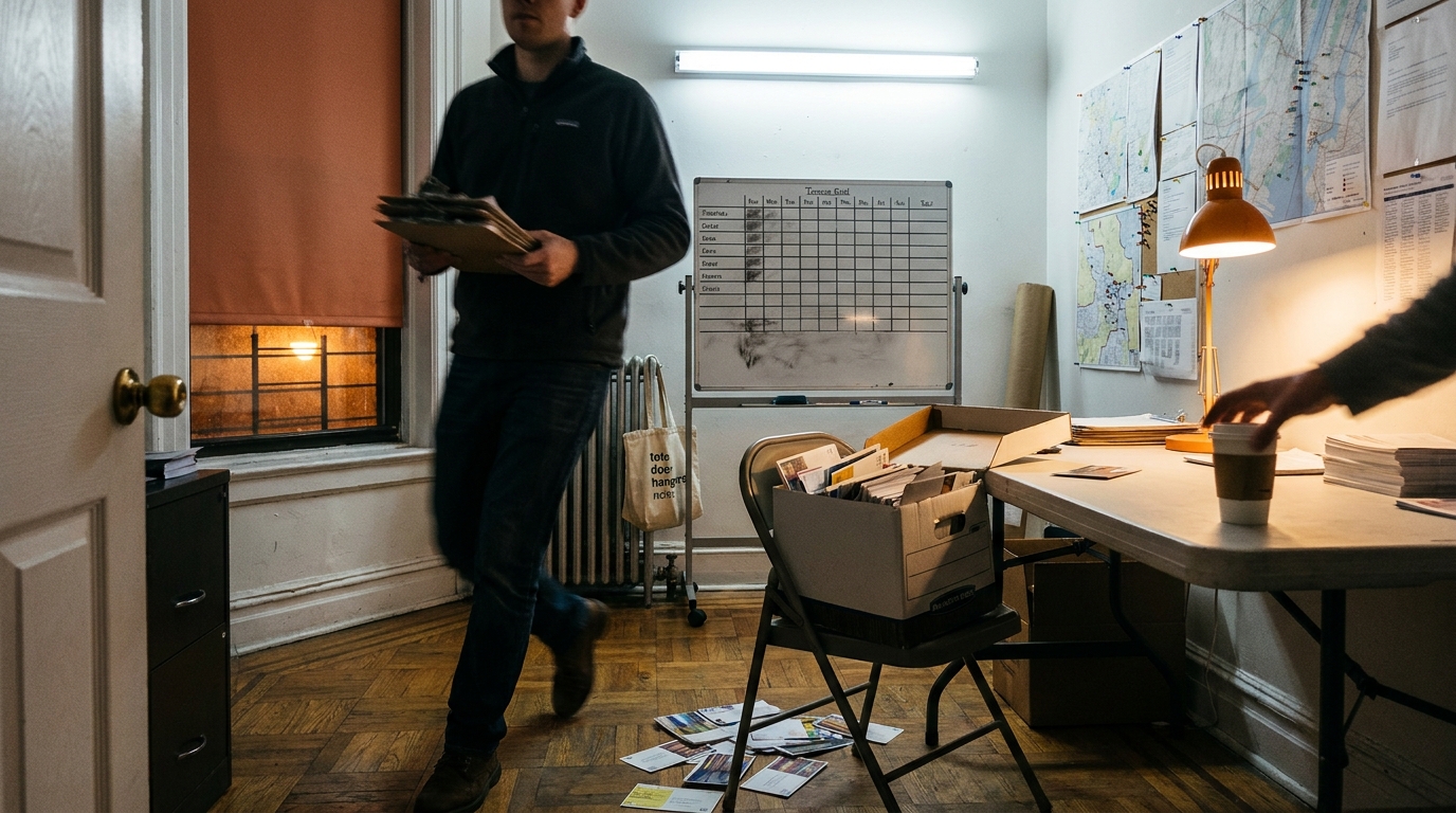 A cluttered storefront campaign field office back room at night with an overflowing box of glossy mailers spilling onto a folding table, a volunteer walking through the back carrying clipboards, and a wheeled whiteboard behind.