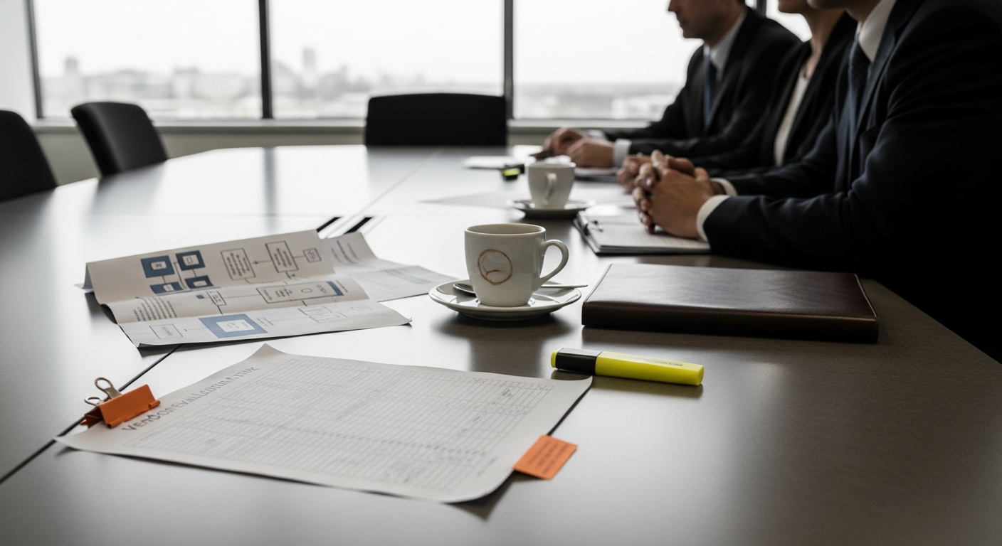 A laminate conference table strewn with a printed evaluation matrix, two coffee cups and a leather portfolio, with three suited figures in soft focus at the far end.