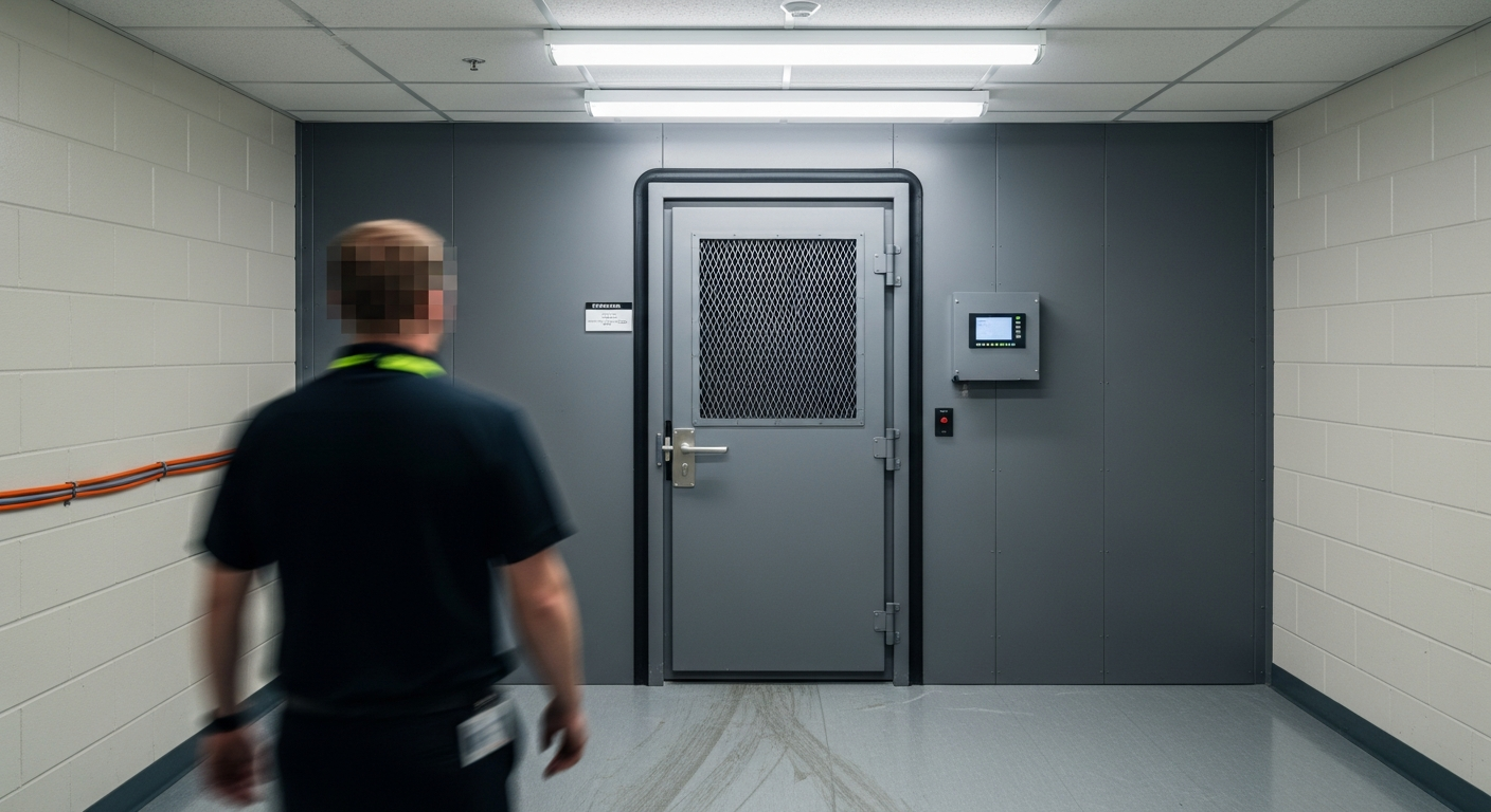 A sealed graphite steel cage door at the end of a fluorescent-lit corridor inside a secure compute facility, an engineer walking away from camera toward it.