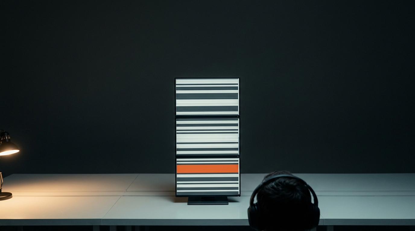 A darkened operations room at night with three stacked monitors showing a long vertical list of illegible rows, one row highlighted in orange, the back of an anonymous analyst's head visible at the lower right.