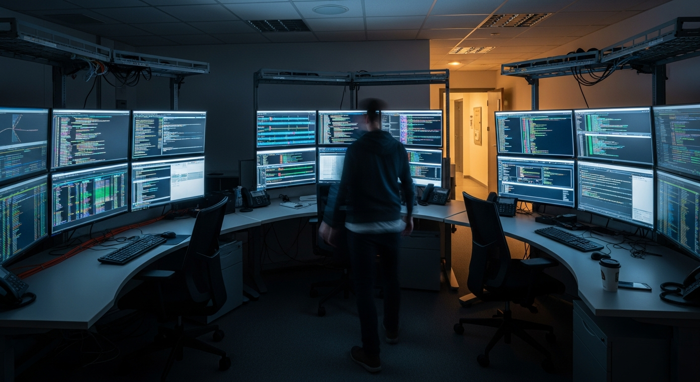 A night-shift security operations room where an analyst walks between desks stacked with monitors showing fast-scrolling logs, warm corridor light behind and cool desk lamps in front.