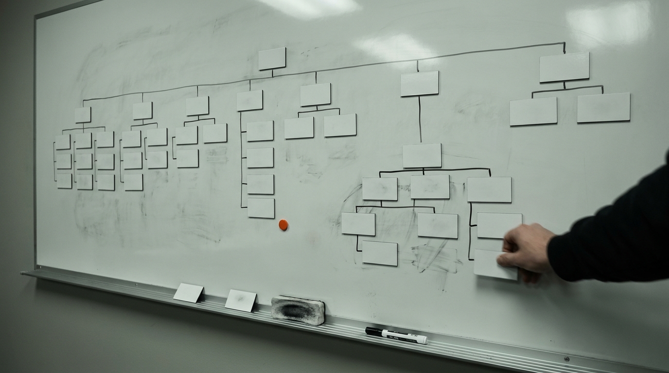A windowless meeting room where a wall-mounted magnetic whiteboard holds a hierarchical chart of blank cards linked by marker lines, one branch being re-pinned lower by an anonymous cropped hand.