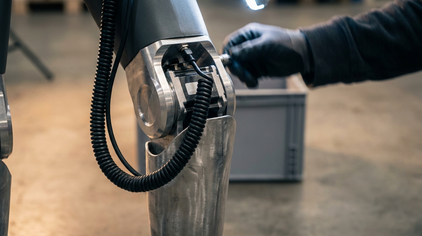 Macro close-up of a humanoid robot's knee joint on a warehouse floor, showing a brushed aluminium shin, a coiled black cable, and a gloved hand in motion blur reaching to plug in a connector.