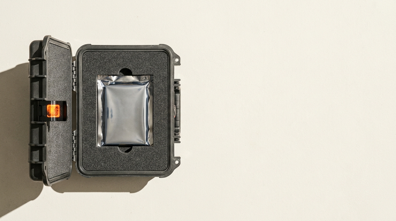 An opened rugged transit case on a pale surface, its foam interior holding a single silver anti-static bag with a small orange seal on the latch.