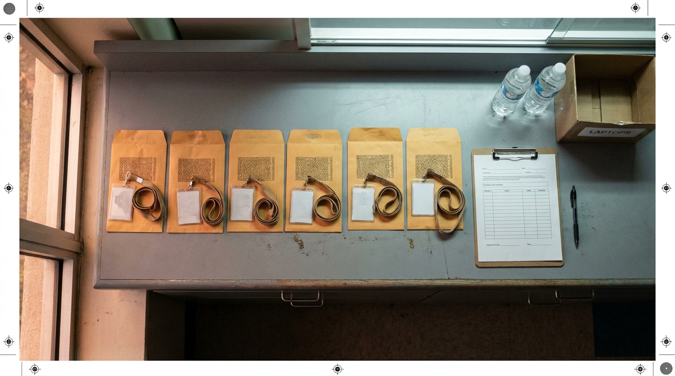 Overhead view of a reception counter at dawn arranged with seven manila severance envelopes, deactivated security badges with coiled lanyards, an unsigned clipboard and a small cardboard box.