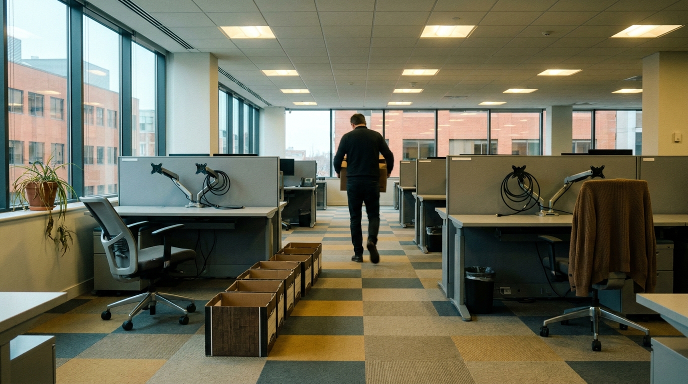 A mostly empty open-plan office in afternoon light, with cardboard boxes by a swivel chair and a single figure walking away from camera carrying a box, face out of frame.
